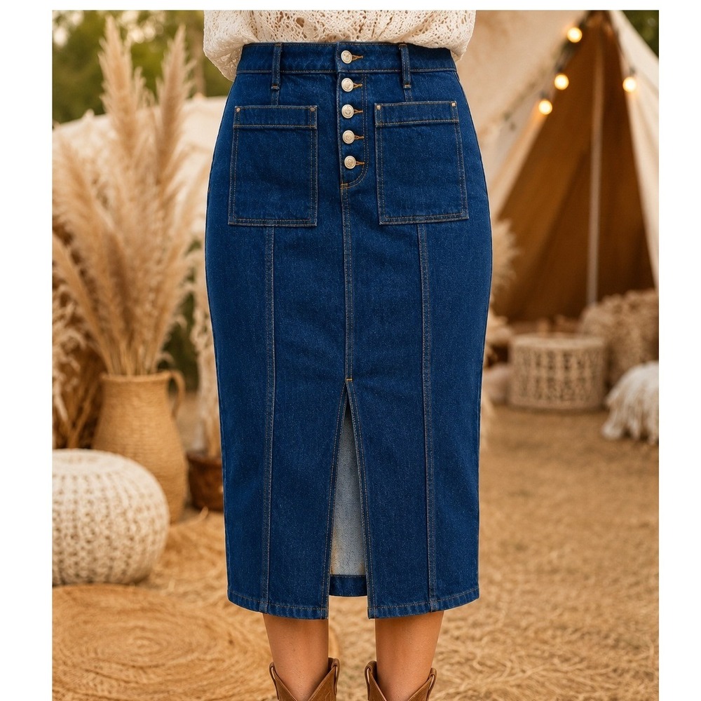 LOFT Womens Button Front Denim Midi Skirt Dark Wash Blue Patch Pockets Size 0